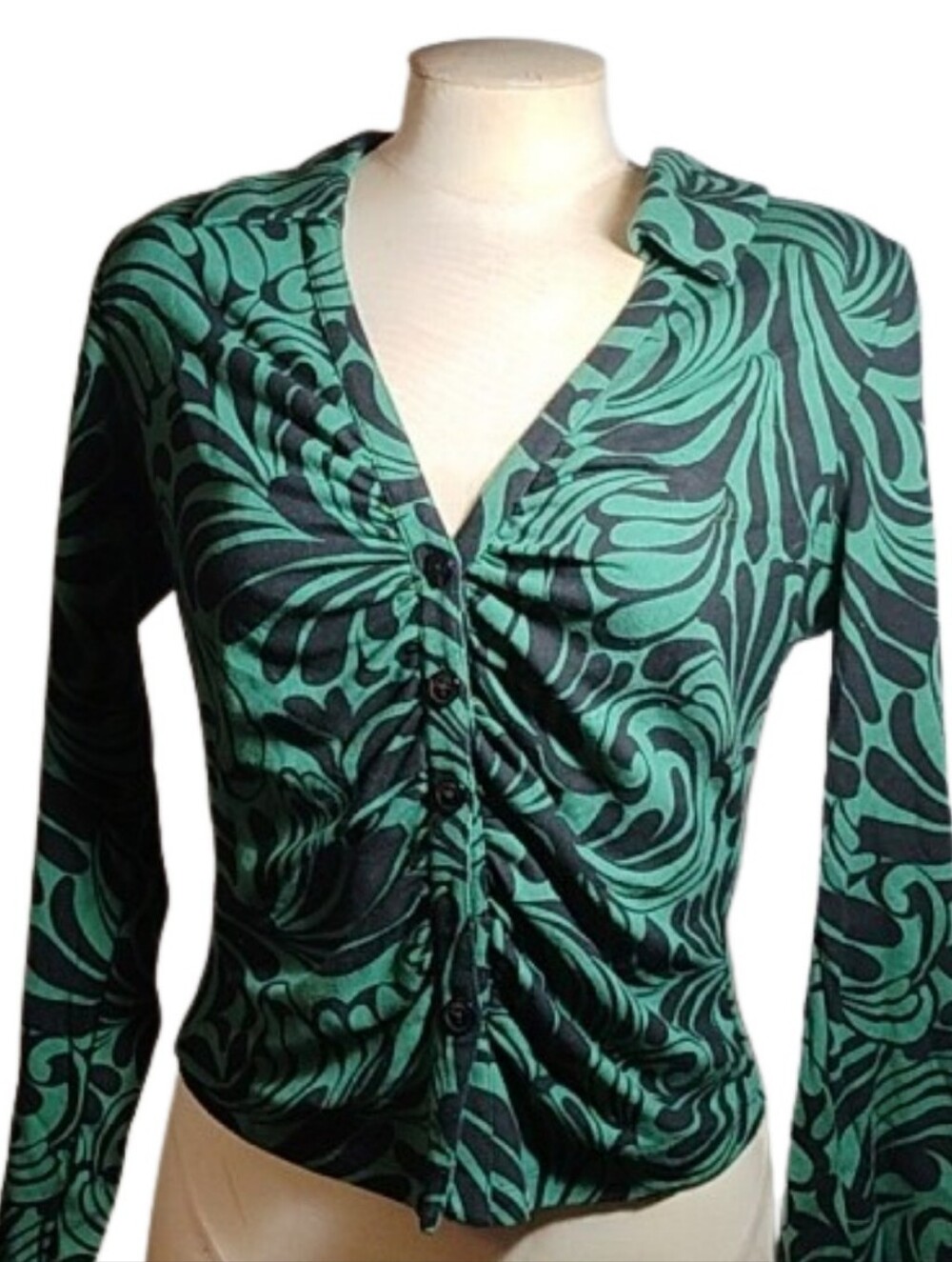 Anthropologie Maeve Green Black Abstract Swirl Ruched Button Front Top M Y2K